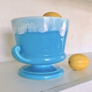 Vintage 50s Glazed Baby Blue Pedestal Bowl Planter | Unique Drip Spot One Side